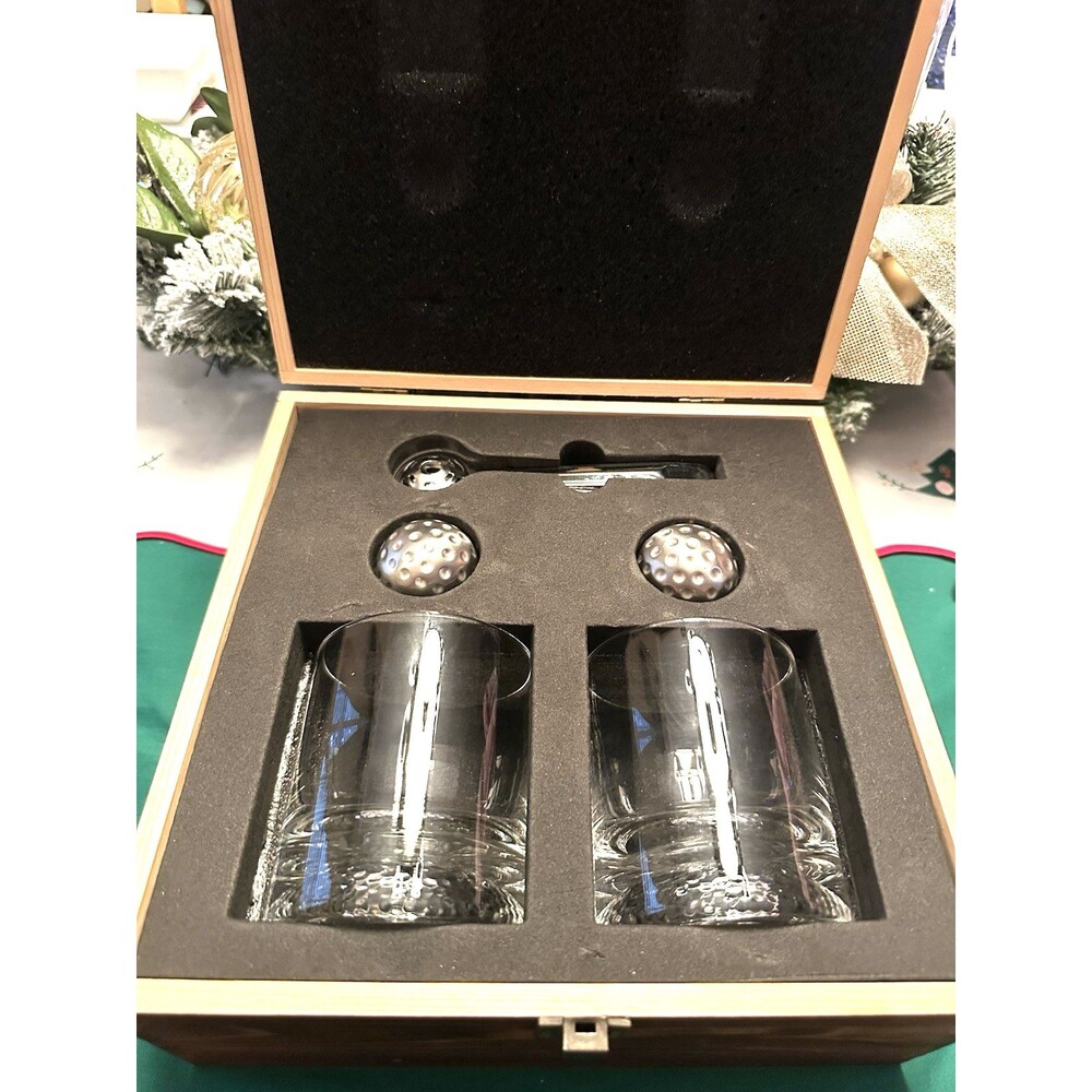 The Wine Savant 5 Pc Golf Gift Box 8 Oz Glass X 2 With 2 Golf Ball Stones & Tong